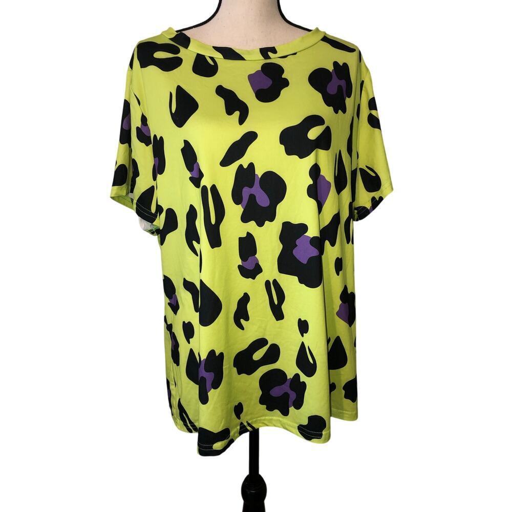 Leopard Print Top Size 3XL Bright Green Black Purple Short Sleeve Round Neck Tee